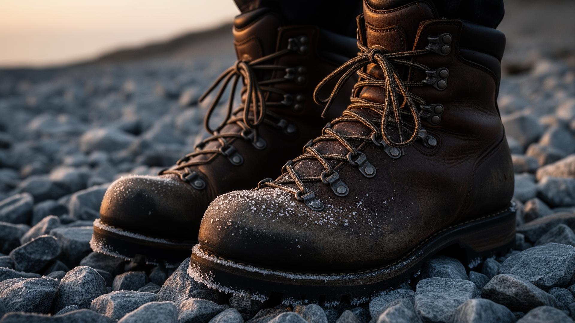 Worn leather mountaineering boots on grey scree at dawn