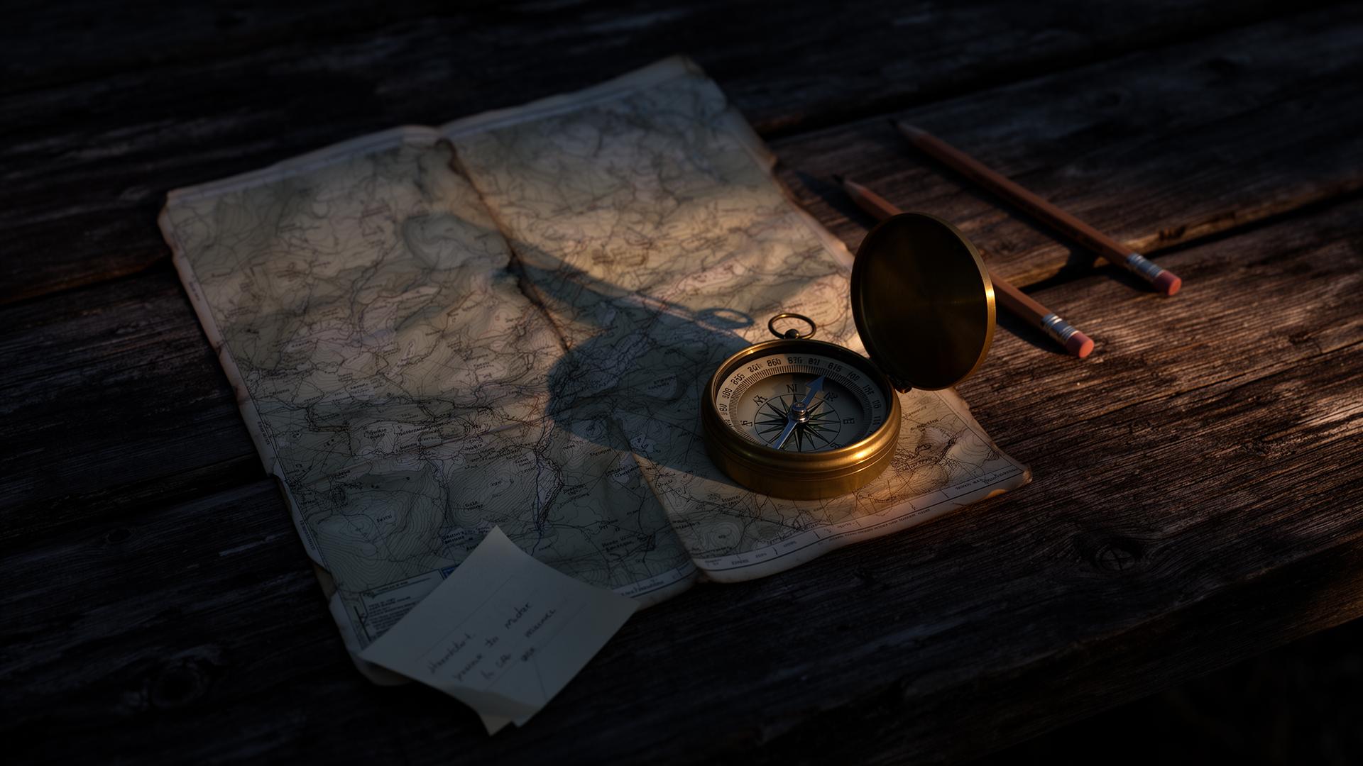 A weathered topographic map and brass compass on aged oak at dawn
