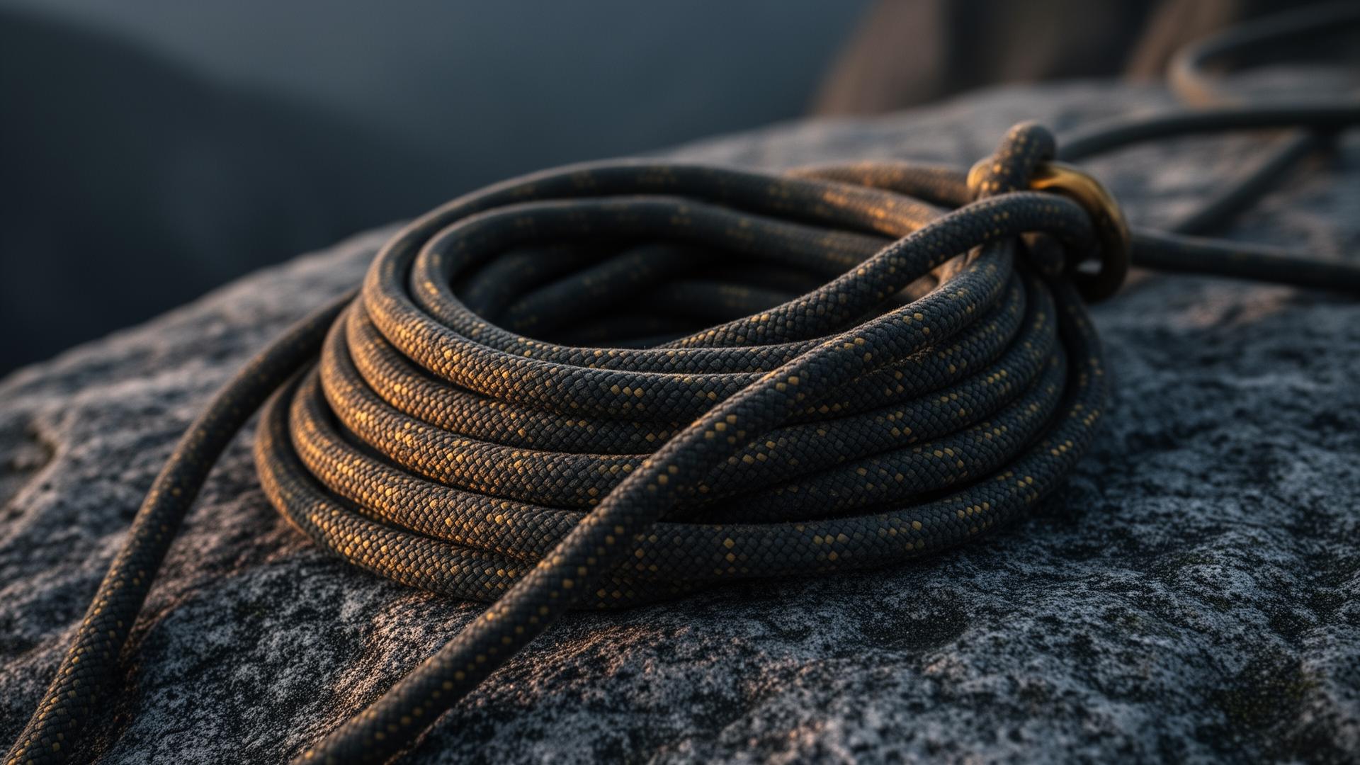 A coiled climbing rope on cold granite at dawn